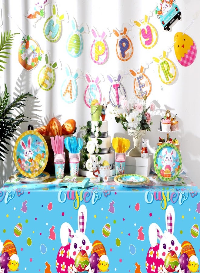 FoldTier 171 Pcs Happy Easter Party Supplies Disposable Easter Tableware Set with Bunny Colorful Eggs Plates Napkins Cups Banner Plastic Tablecloths for Easter Spring Holiday Party Decoration Serve 24 - Image 4
